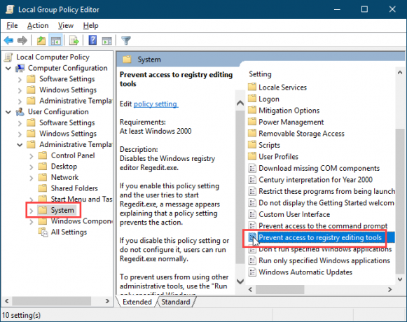 Haga doble clic en la configuración Impedir acceso a las herramientas de edición del registro en el Editor de directivas de grupo local