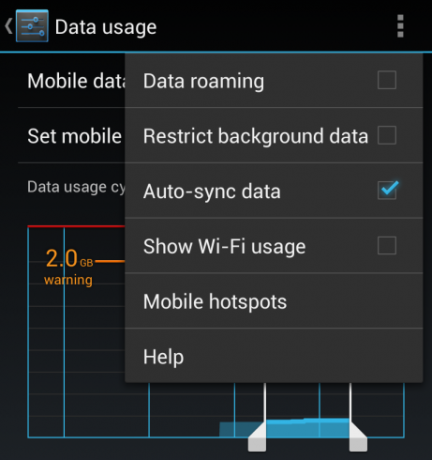 menú de uso de datos de Android