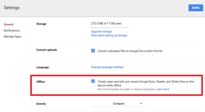 configuración fuera de línea de Google Drive