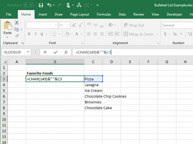 Cree una lista con viñetas a partir de elementos en otra columna en Excel