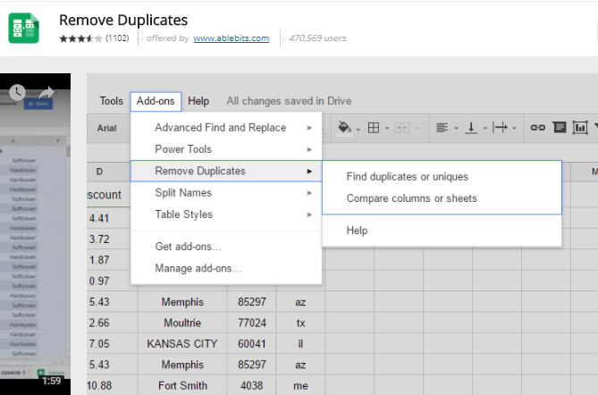 complementos de hojas de google - Eliminar duplicados 