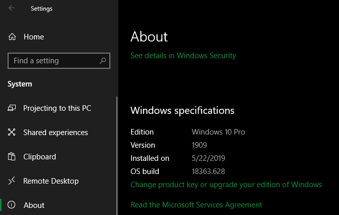 Información de la edición de Windows 10
