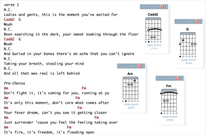 Página de E-Chords que muestra The Greatest Show Guitar Chords