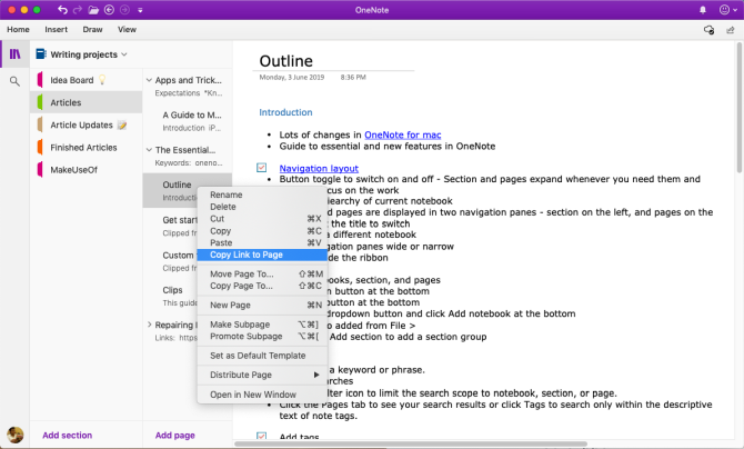 copiar enlace a la página de OneNote