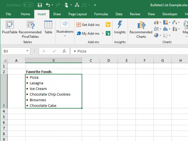 Crear una lista con viñetas en una sola celda en Excel