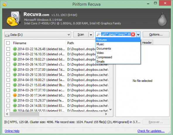 Esta es una captura de pantalla de uno de los mejores programas de Windows para recuperar archivos borrados. Se llama Piriform Recuva.