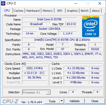 Descripción general del diagnóstico de CPU-Z Windows