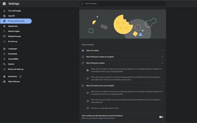 Una captura de pantalla de la configuración general de cookies en Chrome