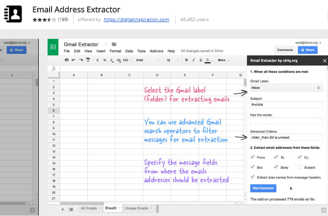 complementos de hojas de google - Extractor de direcciones de correo electrónico