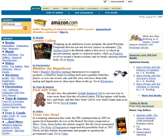 Captura de pantalla del sitio web de Amazon en 1999