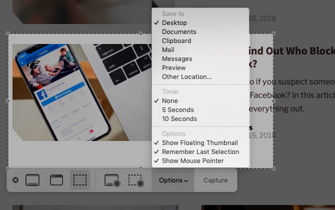 menú de opciones en la aplicación de captura de pantalla en mac