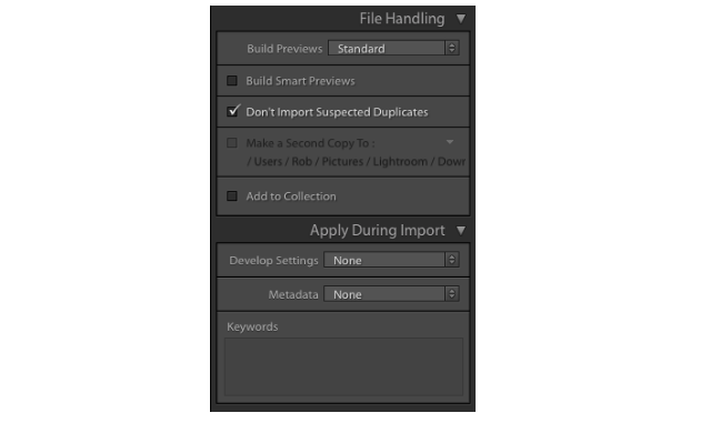 Configuración de importación de Lightroom