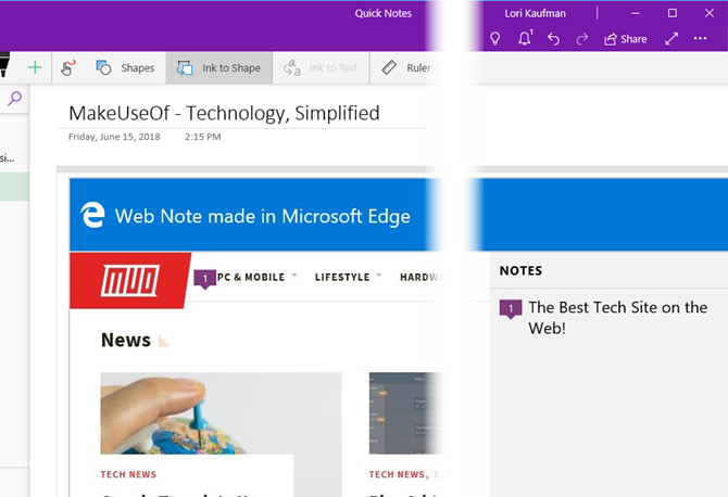 Nota web de Edge en OneNote