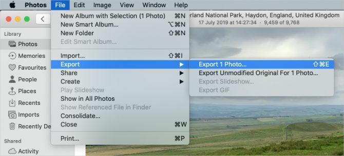 Opción Exportar foto en Fotos en Mac