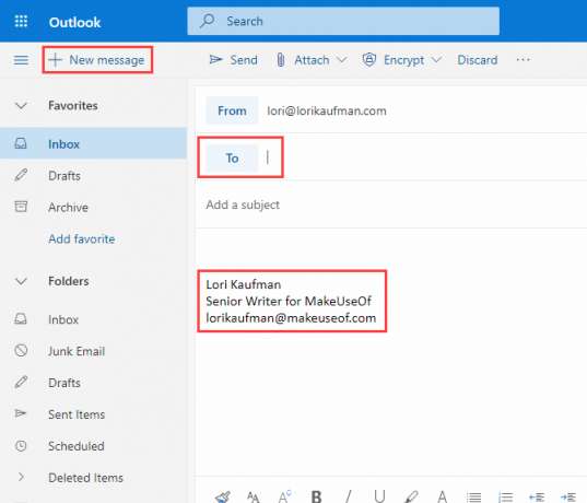 Firma insertada automáticamente en un nuevo correo electrónico en Outlook en Office 365
