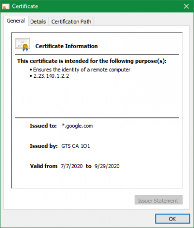 Certificado de sitio web de Chrome