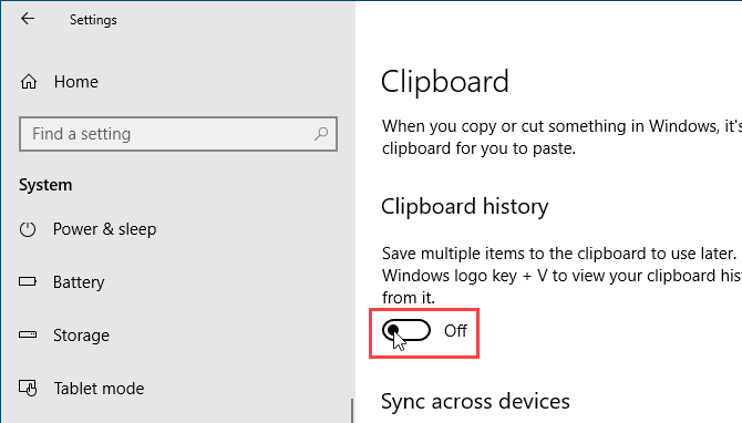 Deshabilitar el historial del portapapeles en la configuración de Windows 10