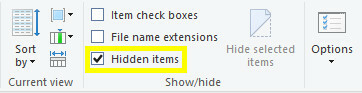 Casilla de verificación de elementos ocultos del Explorador de archivos de Windows