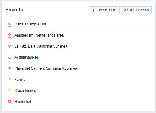 Ejemplos de listas de amigos de Facebook