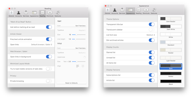 Configuración de Reeder de lectores de RSS de Mac