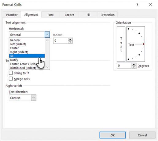 Seleccione Rellenar en Horizontal en el cuadro de diálogo Formato de celdas en Excel