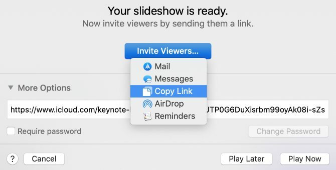 Opción de Keynote Live Invite Viewers