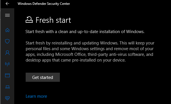 Inicio nuevo de Windows Defender