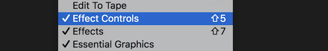Menú de controles de efectos de Premiere Pro