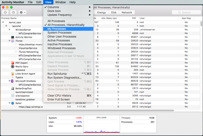 filtrar la lista de procesos en el monitor de actividad