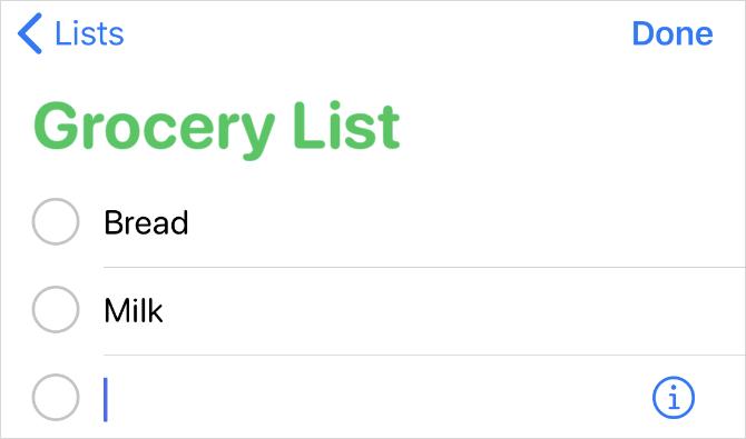 Lista de compras en la aplicación Recordatorios en iPhone