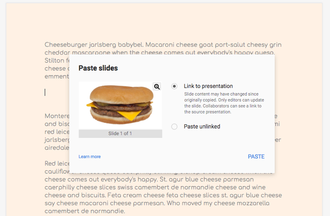 Pegue una diapositiva de Google en un documento de Google