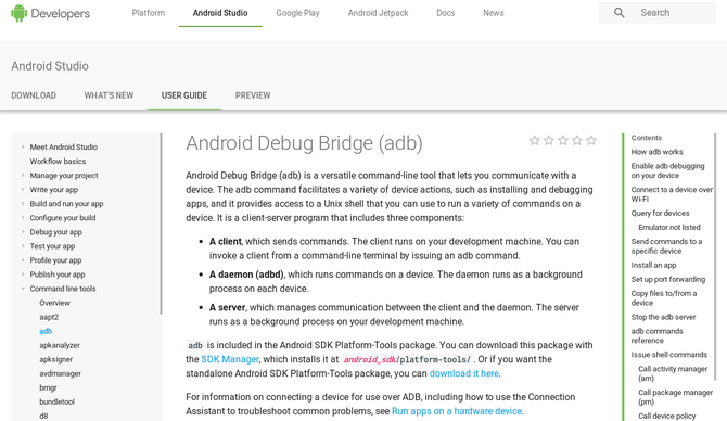 Página web para desarrolladores de Android que describe ADB