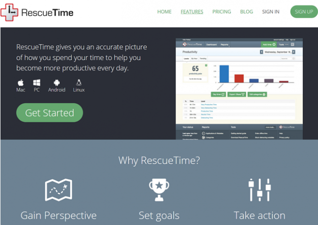 Captura de pantalla de las características destacadas del sitio web RescueTime