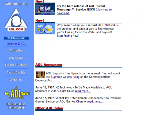 Captura de pantalla del sitio web de AOL en 1997