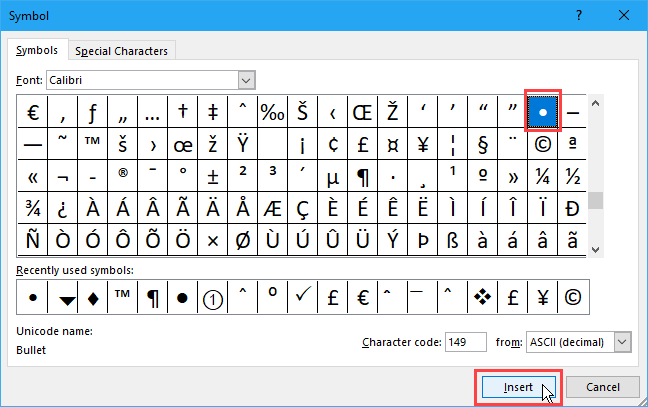 Seleccione una viñeta en el cuadro de diálogo Símbolo en Excel