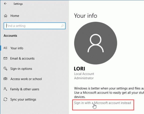 Inicie sesión con una cuenta de Microsoft en su lugar en Configuración de Windows 10