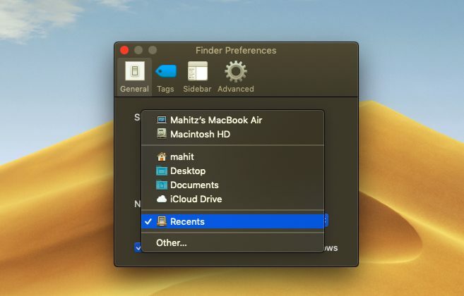 carpeta predeterminada del buscador de macos 