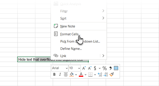 Seleccione Formato de celdas para ocultar el texto de desbordamiento en Excel