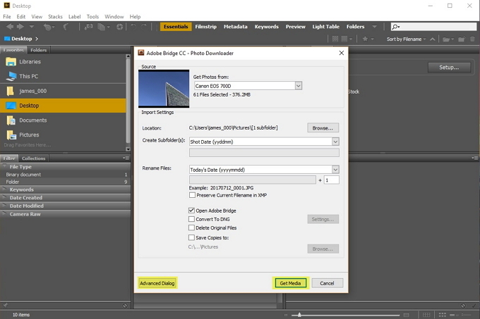 adobe bridge obtener fotos windows