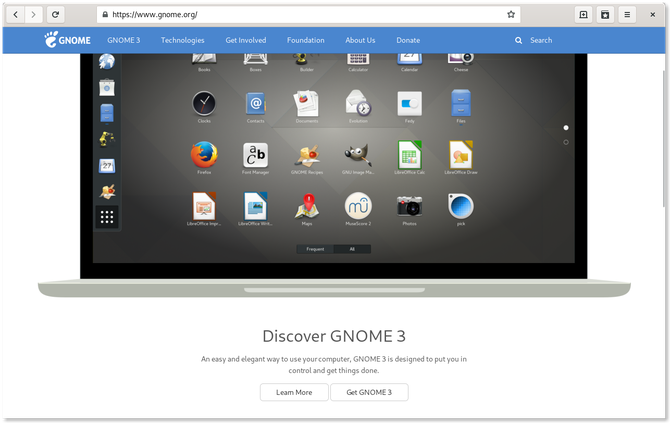 Navegador web GNOME que muestra la página web GNOME