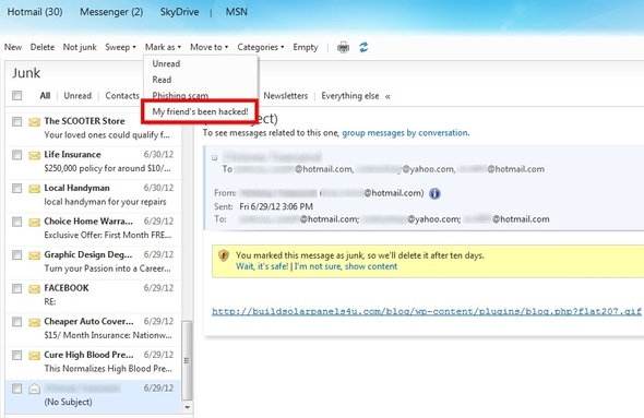Realice una revisión completa de su bandeja de entrada de Hotmail y manténgala 18 Marque a su amigo como hackeado