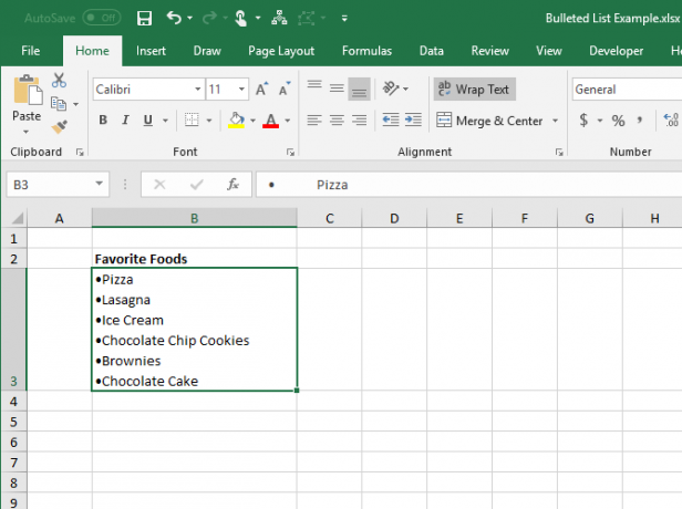 Lista con viñetas copiada de Word a una sola celda en Excel