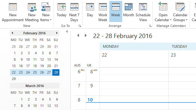 zonas horarias del calendario de Outlook