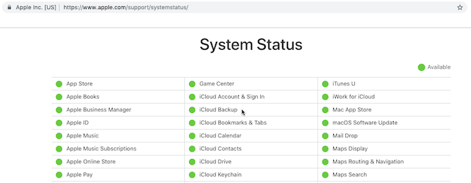 Página web de estado del sistema de Apple