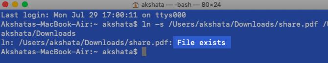 El archivo existe mensaje al crear un enlace simbólico en Terminal en macOS