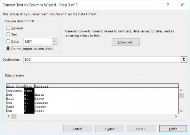 Asistente para convertir texto en columnas - Eliminar datos