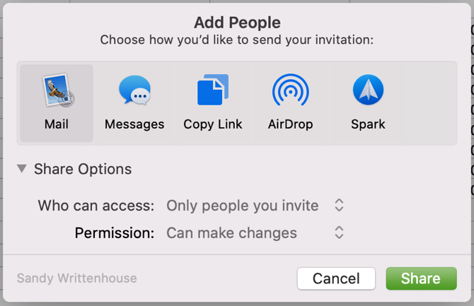 Invitar a compartir opciones en Numbers Mac