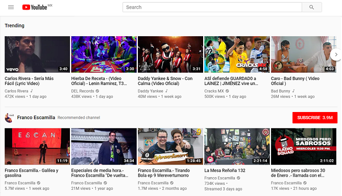 pantalla de inicio de youtube mexico