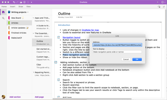 inserte el enlace a la página de OneNote