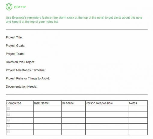 Plantilla de plan de proyecto de Evernote